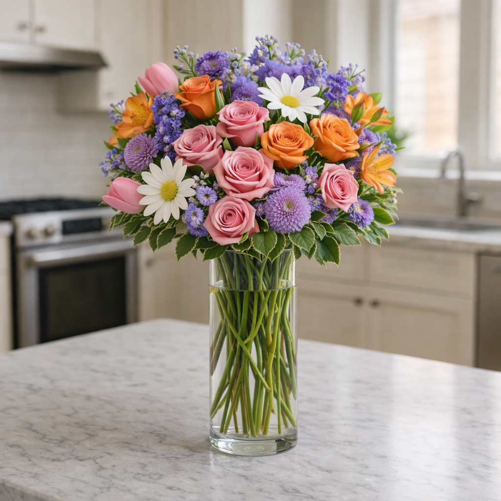 Cheerful Garden Blooms in Modern Vase