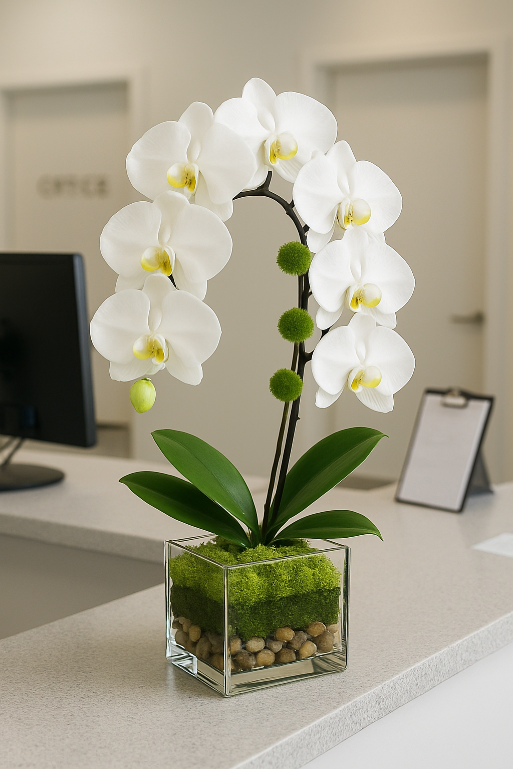 Modern Arc Blooming Plant in a Design Container