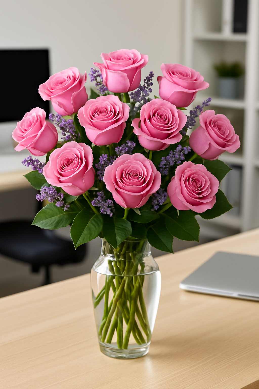 One Dozen Elegant Pink Roses on Desk