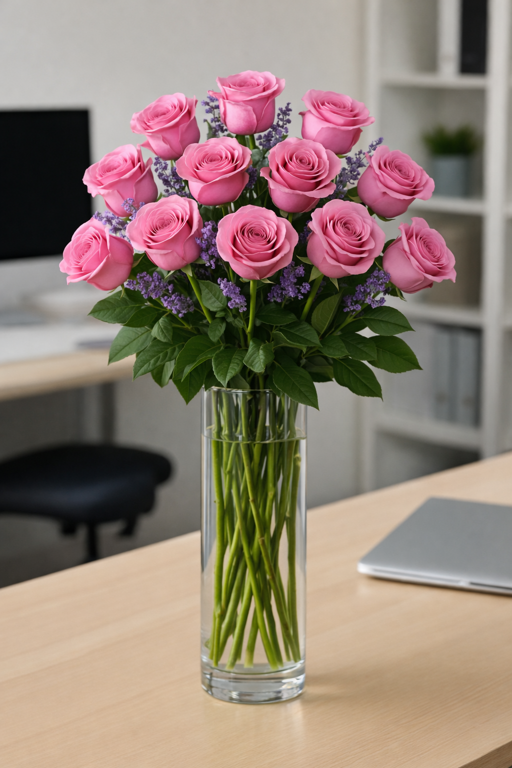 One Dozen Elegant Pink Roses on Desk
