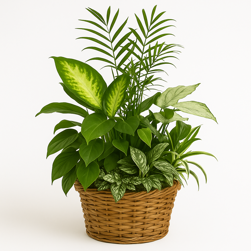 Lush Plant Display in Wicker Basket