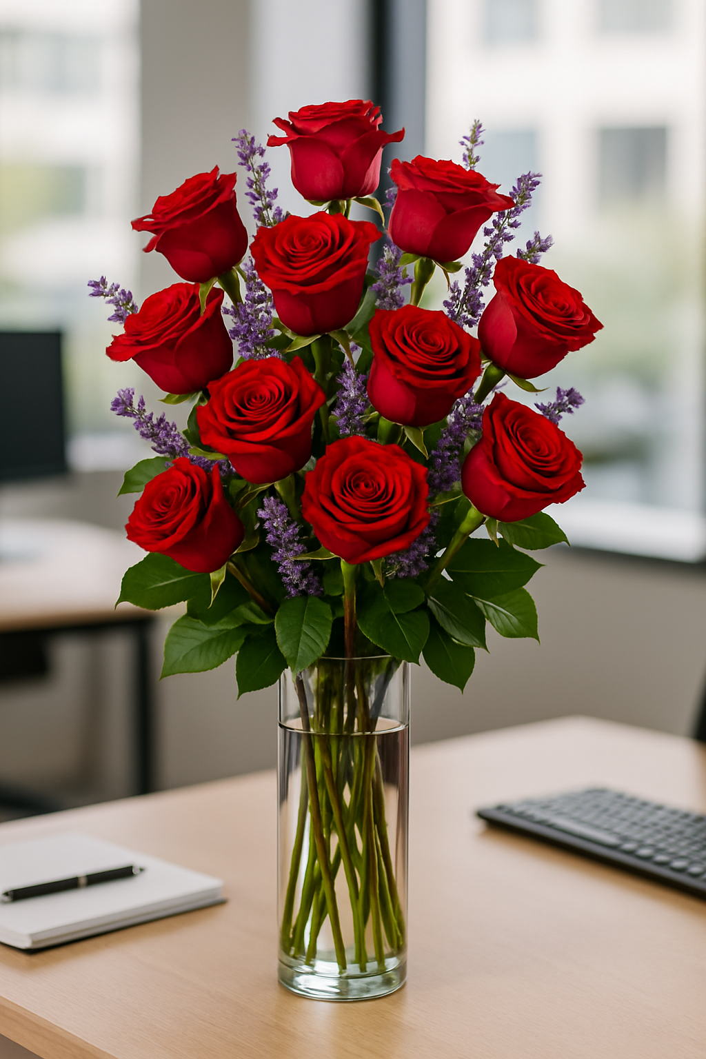 Classic Dozen Long-Stem Roses in Glass Vase