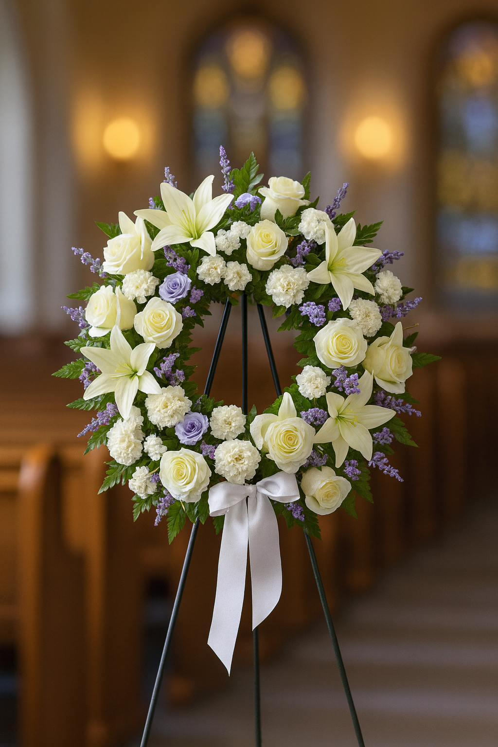 Serene Remembrance Standing Wreath with Ribbon