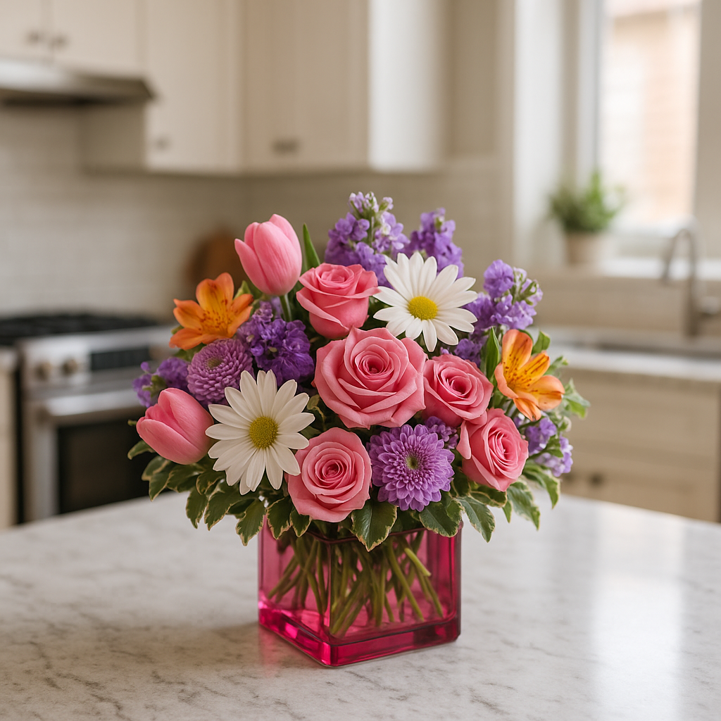 Cheerful Garden Blooms in Modern Vase